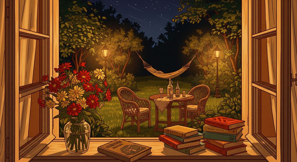 Ilustarcja przedstawiająca otwarte na nocny ogród okno
