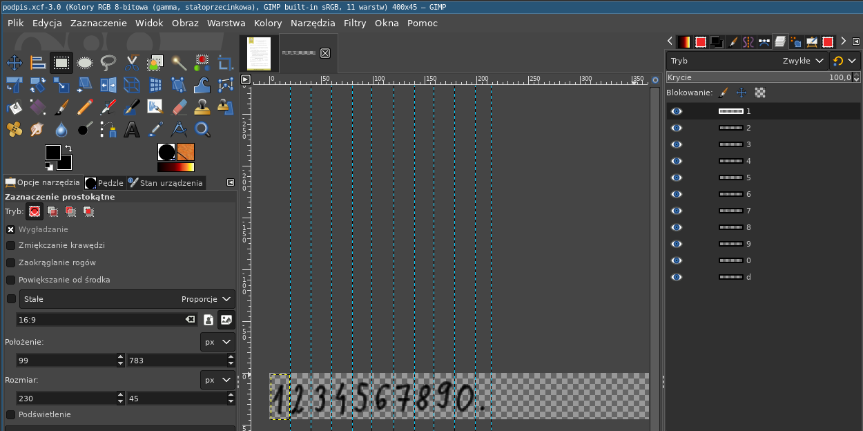 Okno programu Gimp z warstwami przedstawiającymi kolejne cyfry