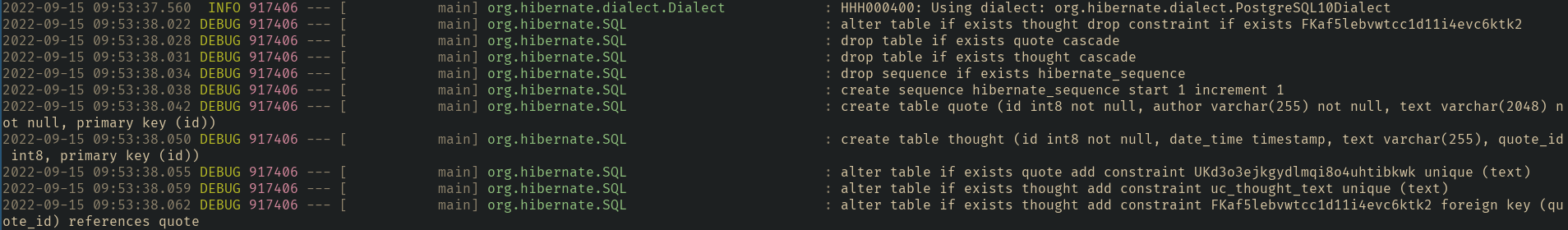 DDL logged in spring boot /posts/docker-volumes/ddl-logged.png